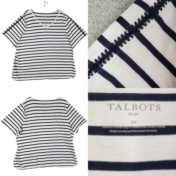Talbots Shirt Tee White Navy Blue Pima Cotton Plus Size 2X Striped SS - Picture 1 of 9